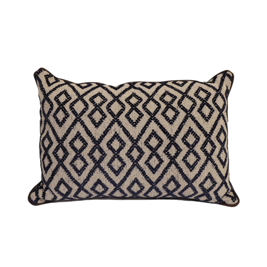 15X22 Vintage Bohemian Blue & Beige Geometric Boucle Pillow with Brown Leather Trim