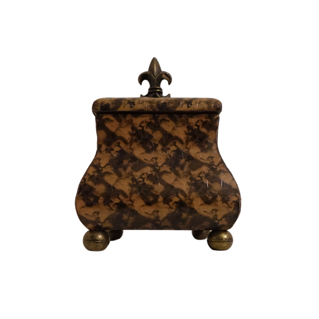 Elegant Vintage Fleur-de-Lis Keepsake Box in Rich Brown Faux Leather - 7 inches Tall