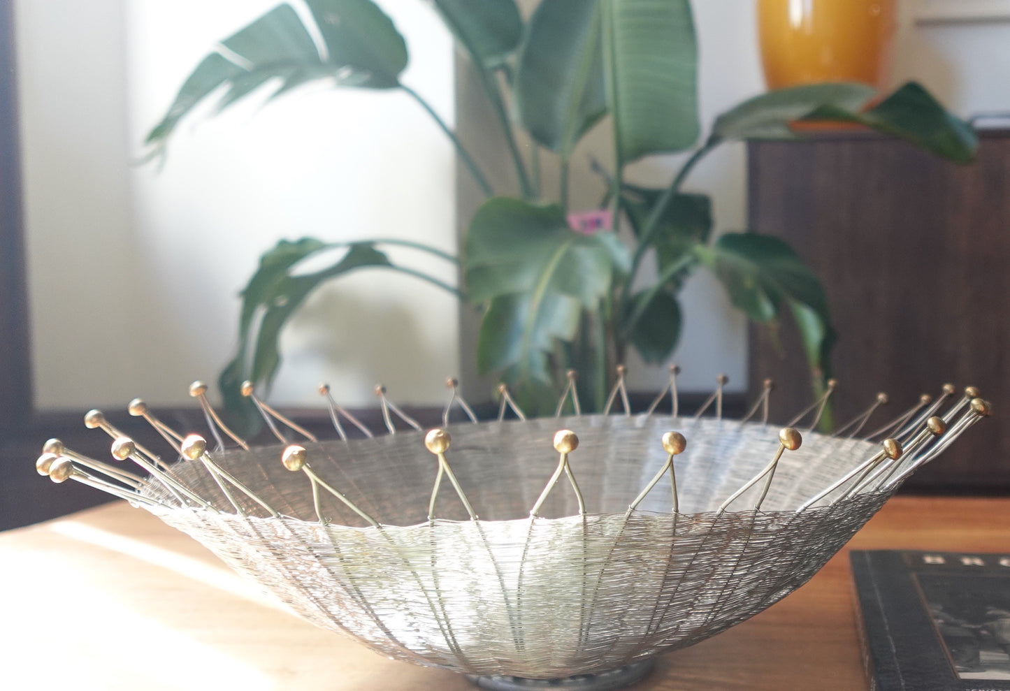 12-Inch Wide Vintage Silver Wire Basket with Brass Accents