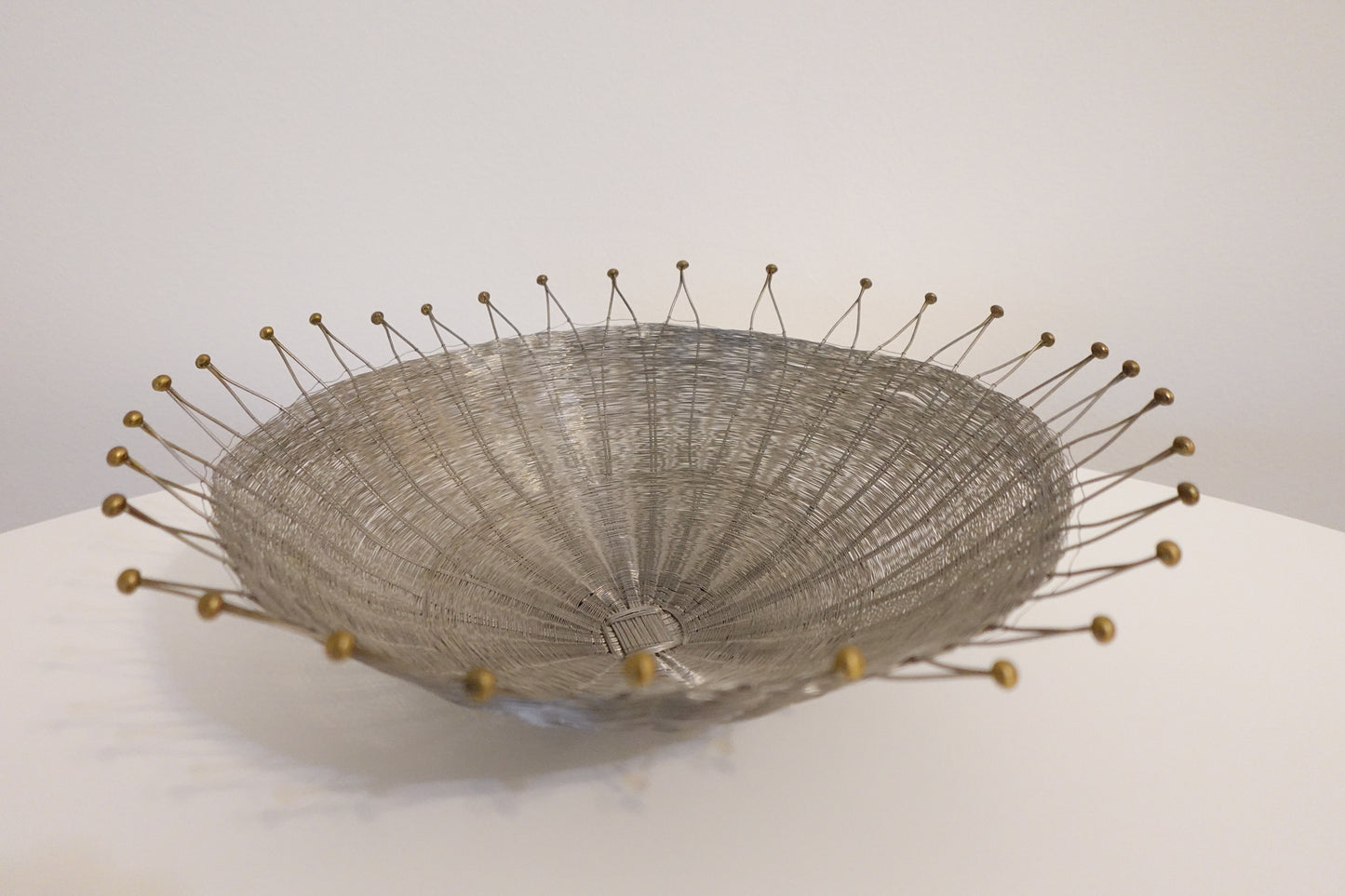 12-Inch Wide Vintage Silver Wire Basket with Brass Accents