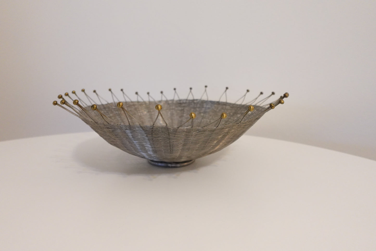12-Inch Wide Vintage Silver Wire Basket with Brass Accents
