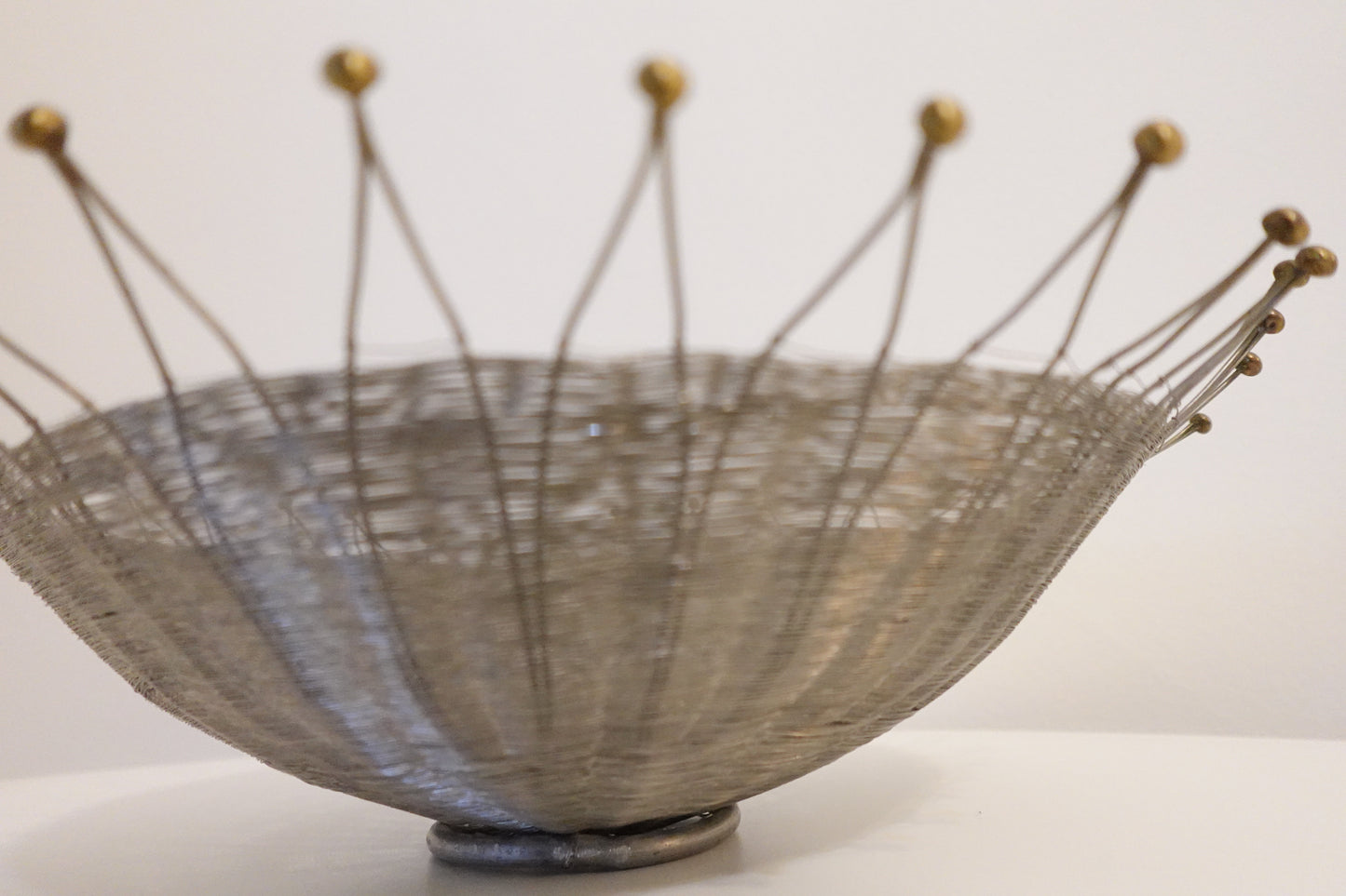 12-Inch Wide Vintage Silver Wire Basket with Brass Accents